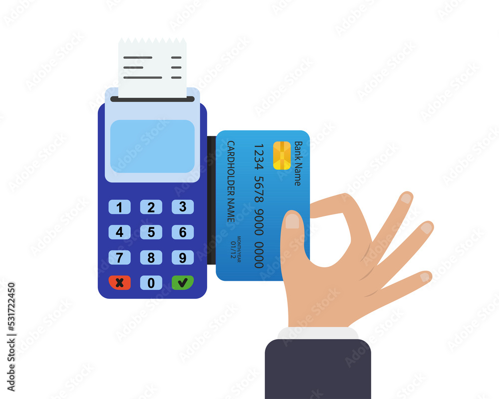 Manual payment by bank card through the terminal. Vector illustration Manual payment by bank card through the terminal. Vector illustration