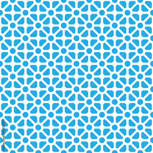 Colorful donut and square pattern on blue background. Linked diagonal line on square and circle shape. White line with blue dot pattern on blue background.