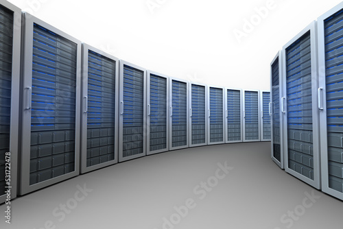 Image of rows of computer servers with blue lights on