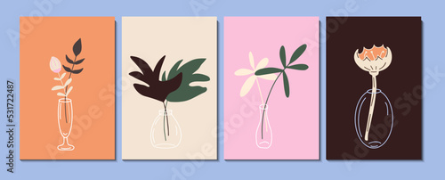 Abstract botanical poster set. Trendy summer wall art with wild flowers, plants, leaf in vases. Modern hand drawn interior decoration, wallpaper design. Colorful flat vector illustrations