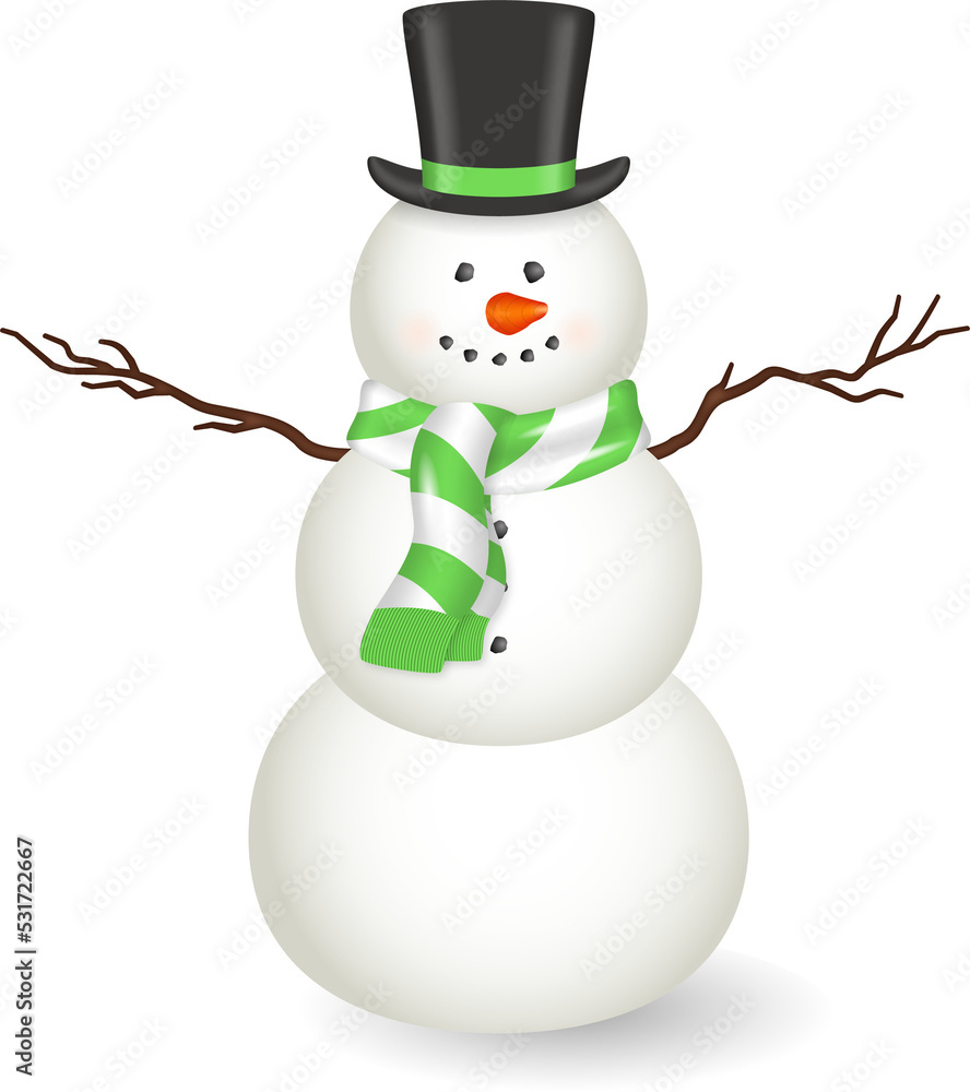 Vertical image of a smiling christmas snowman with top hat and green and white scarf