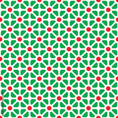 Colorful donut and square pattern on green background. Linked diagonal line on square and circle shape. White line with red dot pattern on green background.