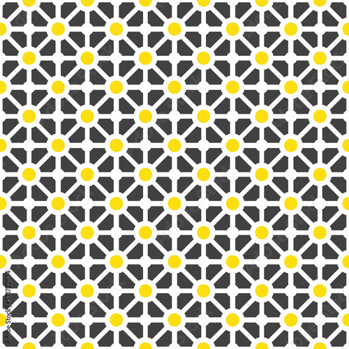 Colorful donut and square pattern on black background. Linked diagonal line on square and circle shape. White line with yellow dot pattern on black background.
