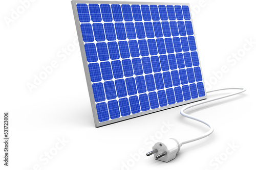 Image of blue solar panel with white electric cable and plug