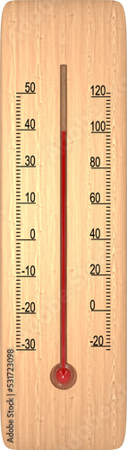 Vertical image of wooden thermometer showing temperature in celsius and fahrenheit