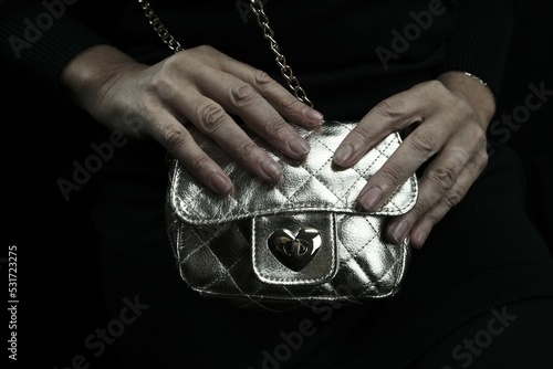 The woman has a small purse in her hands. Photographed in the studio. Artificial lighting.