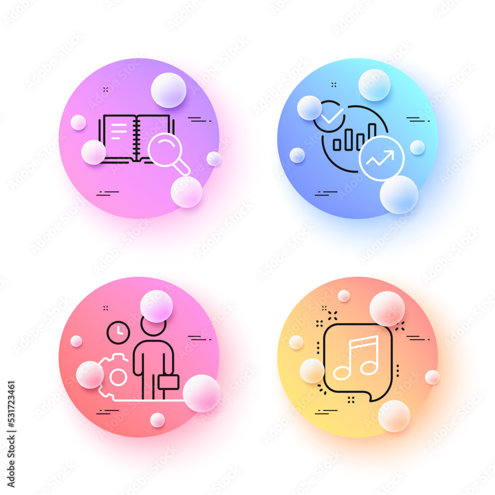 Statistics, Musical note and Employee minimal line icons. 3d spheres or balls buttons. Search book icons. For web, application, printing. Report charts, Speech bubble, Working process. Vector Statistics, Musical note and Employee minimal line icons. 3d spheres or balls buttons. Search book icons. For web, application, printing. Report charts, Speech bubble, Working process. Vector