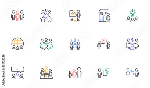 Meeting line icons set. People, classroom job, seminar. Team, work and business idea icons. Discussion, conference classroom, people management. Presentation, office meeting, consultation. Vector