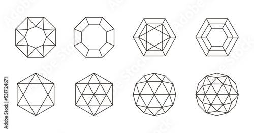 Set of line illustration icons in the shape of gem, jewels, jewellery, crystal, stone, diamond.