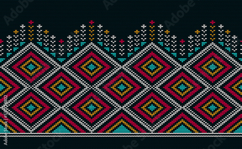 Knitted ethnic pattern, Vector cross stitch Moroccan background, Black and orange embroidery horizontal ornament style, Red and white pattern oriental abstract, Design for fabric, ceramic, rug, aprons