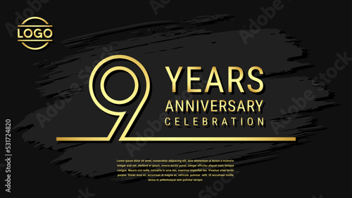 9 years anniversary celebration, anniversary celebration template design with gold color isolated on black brush background. vector template illustration