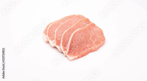Raw pork chops, loin cutlets, isolated on a white background. Packshot photo for package design.