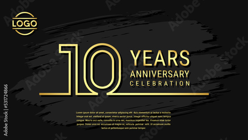 10 years anniversary celebration, anniversary celebration template design with gold color isolated on black brush background. vector template illustration