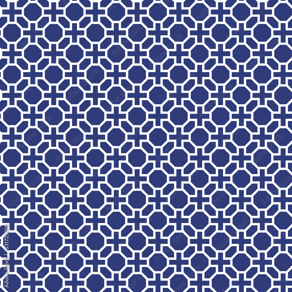 White interlaced pattern on blue background. White interlocking pattern on blue backdrop.
