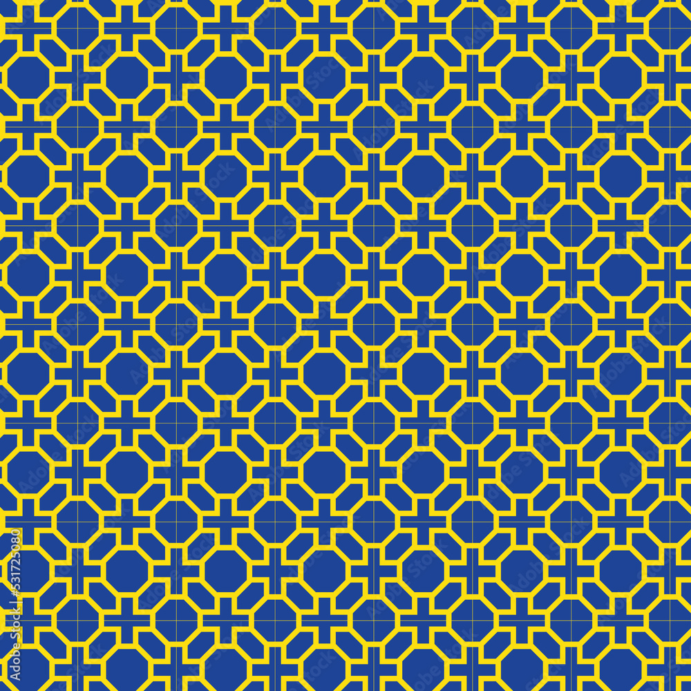 Yellow interlaced pattern on blue background. Yellow interlocking pattern on blue backdrop. Yellow interlaced pattern on blue background. Yellow interlocking pattern on blue backdrop.