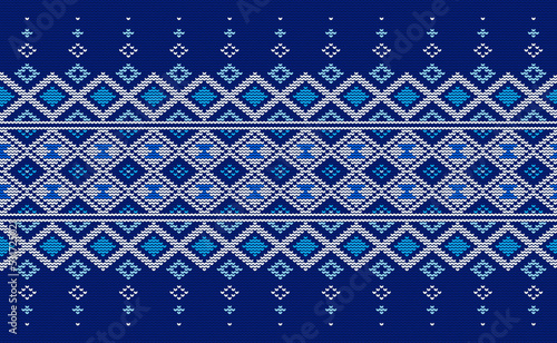 Knitted ethnic pattern, Vector embroidery square background, Cross stitch traditional african style, White and blue pattern yarn abstract, Design for textile, fabric, carpet, graphic illustration