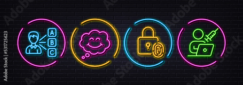 Fingerprint lock, Smile and Opinion minimal line icons. Neon laser 3d lights. Vaccination appointment icons. For web, application, printing. Biometric access, Comic chat, Choose answer. Vector