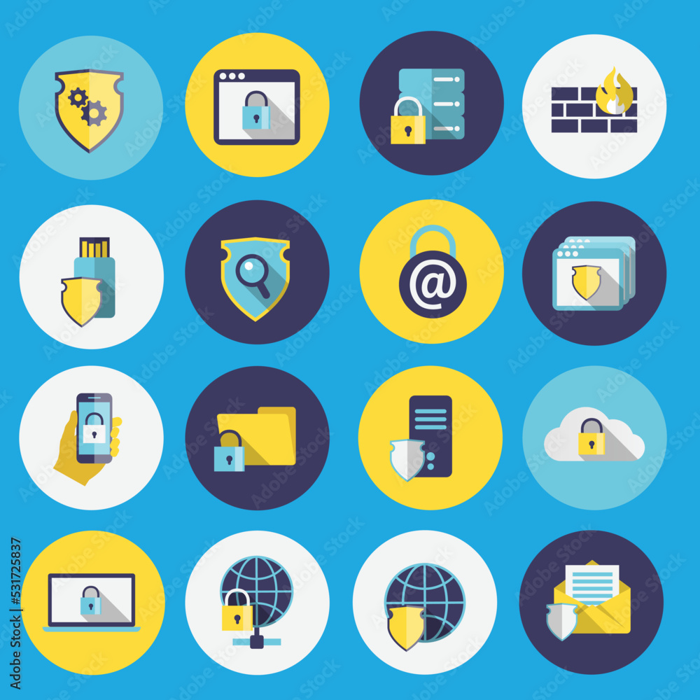 Information technology security flat icons set of computer mobile firewall protection isolated vector illustration Information technology security flat icons set of computer mobile firewall protection isolated vector illustration