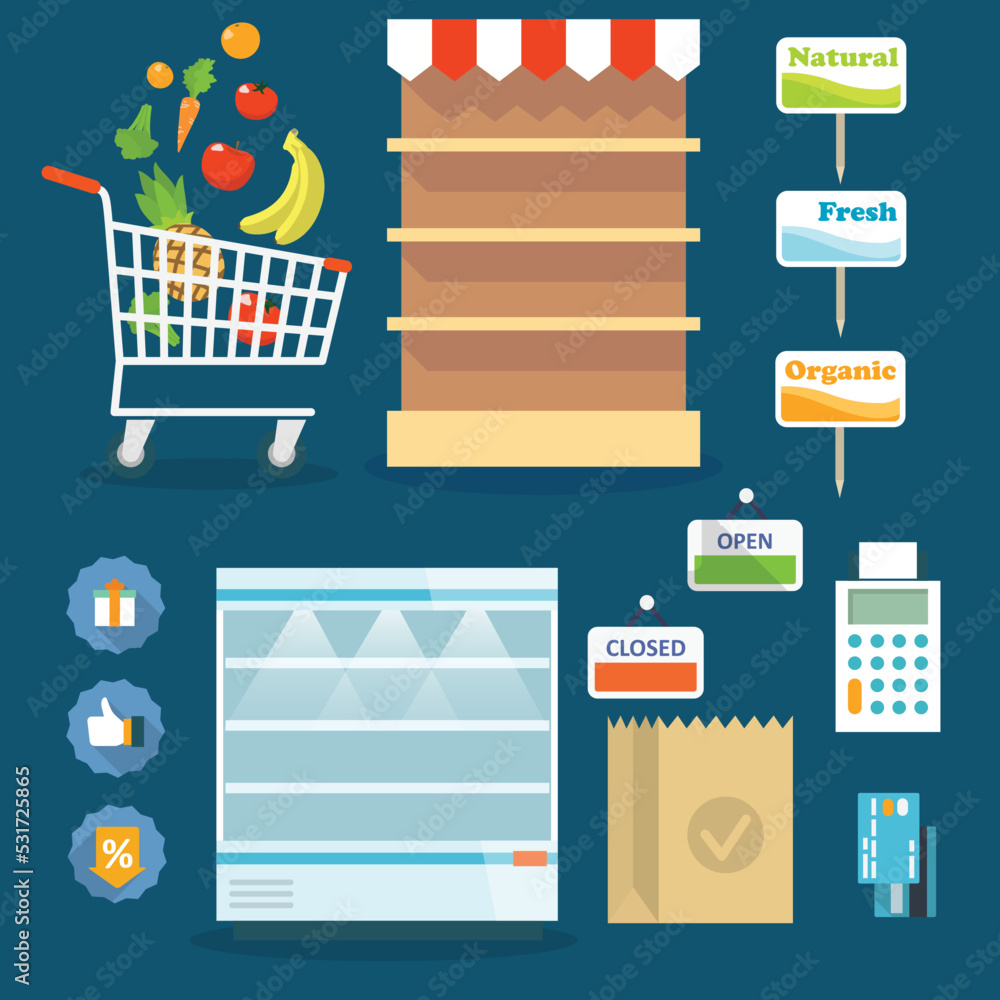 Supermarket online website concept with food assortment, opening hours and payment options icons illustration vector Supermarket online website concept with food assortment, opening hours and payment options icons illustration vector