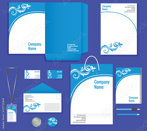 Blue and white floral curly business stationery template for corporate identity and branding set vector illustration