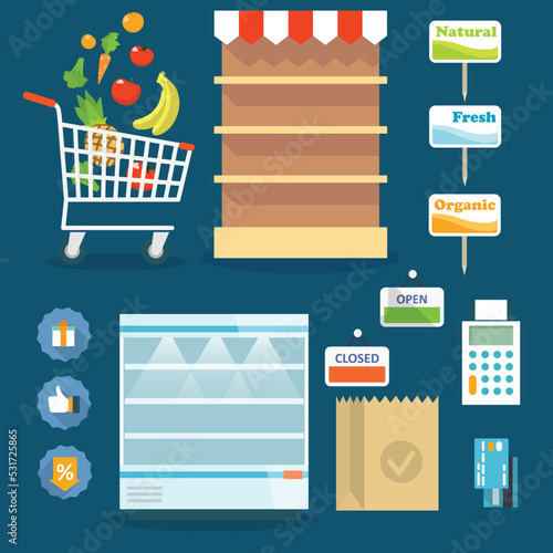Supermarket online website concept with food assortment, opening hours and payment options icons illustration vector