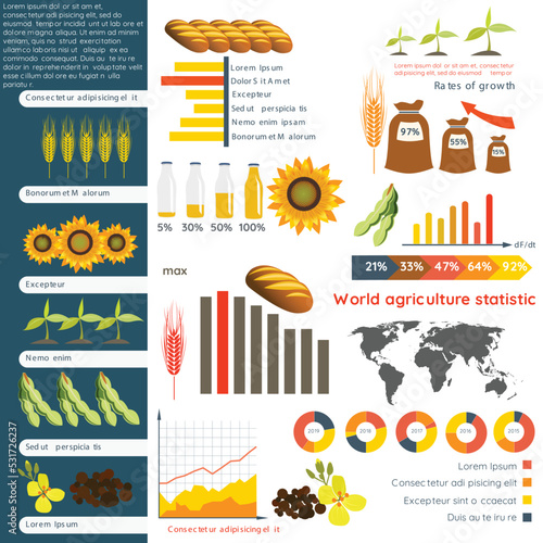 Agriculture farming organic food plant wheat sunflower charts and graphs vector illustration