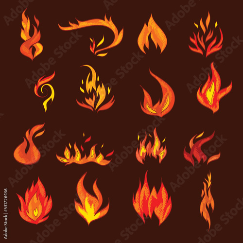 Fire flame burn flare decorative icons set isolated vector illustration