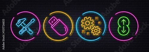 Work, Hammer tool and Usb stick minimal line icons. Neon laser 3d lights. Swipe up icons. For web, application, printing. Settings, Repair screwdriver, Memory flash. Scrolling page. Vector