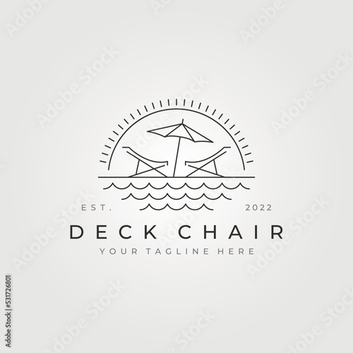 deck chair on the beach line art logo vector illustration design, deck chair with sunset symbol design
