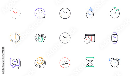 Time and clock line icons. Timer, Alarm and Smartwatch. Time management, 24 hour clock, deadline alarm icons. Sand hourglass, smartwatch, timer stopwatch. Linear set. Vector