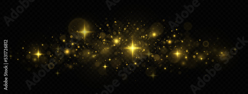 Sparkling space golden magical dust particles. Christmas light concept. Golden confetti and shiny stars.
