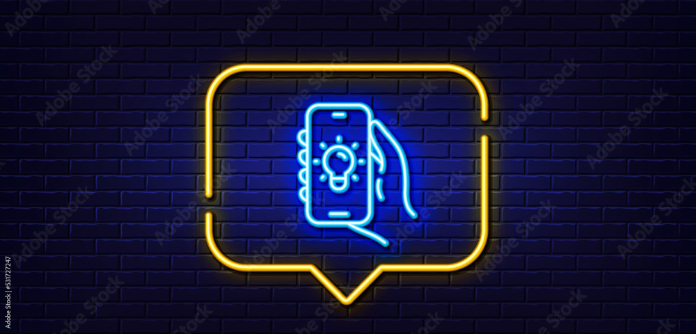 Neon light speech bubble. Electric app line icon. Hand hold phone sign. Cellphone with screen notification symbol. Neon light background. Electric app glow line. Brick wall banner. Vector Neon light speech bubble. Electric app line icon. Hand hold phone sign. Cellphone with screen notification symbol. Neon light background. Electric app glow line. Brick wall banner. Vector