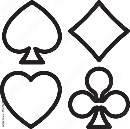 High quality vector illustration of the four Poker playing cards suits symbols - Spades Hearts Diamonds and Clubs icons isolated on white background - linear and minimalist style.