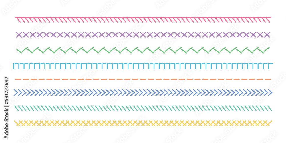 Set of line illustrations of various kinds of colorful thread stitching borders. Set of line illustrations of various kinds of colorful thread stitching borders.