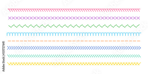 Set of line illustrations of various kinds of colorful thread stitching borders.