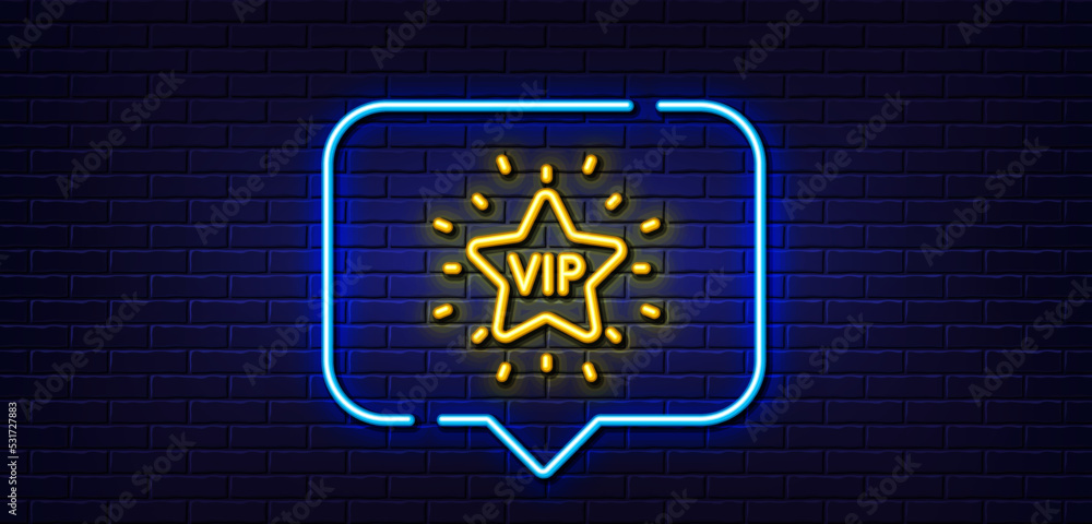 Neon light speech bubble. Vip line icon. Very important person star sign. Member club privilege symbol. Neon light background. Vip star glow line. Brick wall banner. Vector Neon light speech bubble. Vip line icon. Very important person star sign. Member club privilege symbol. Neon light background. Vip star glow line. Brick wall banner. Vector
