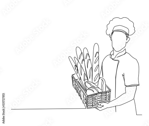 Continuous line drawing of Chef Holding French Bread in The tray vector illustration. Chef Holding French Bread single line art hand drawn minimalism style.