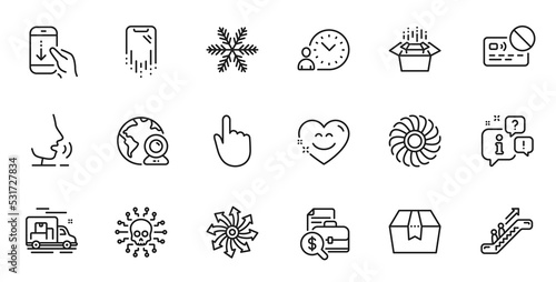 Outline set of Versatile  Time management and Cyber attack line icons for web application. Talk  information  delivery truck outline icon. Include Hand click  Packing boxes  Scroll down icons. Vector