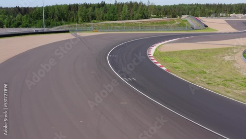 MotoGP track, moto racers. Aerial view. Sunny day