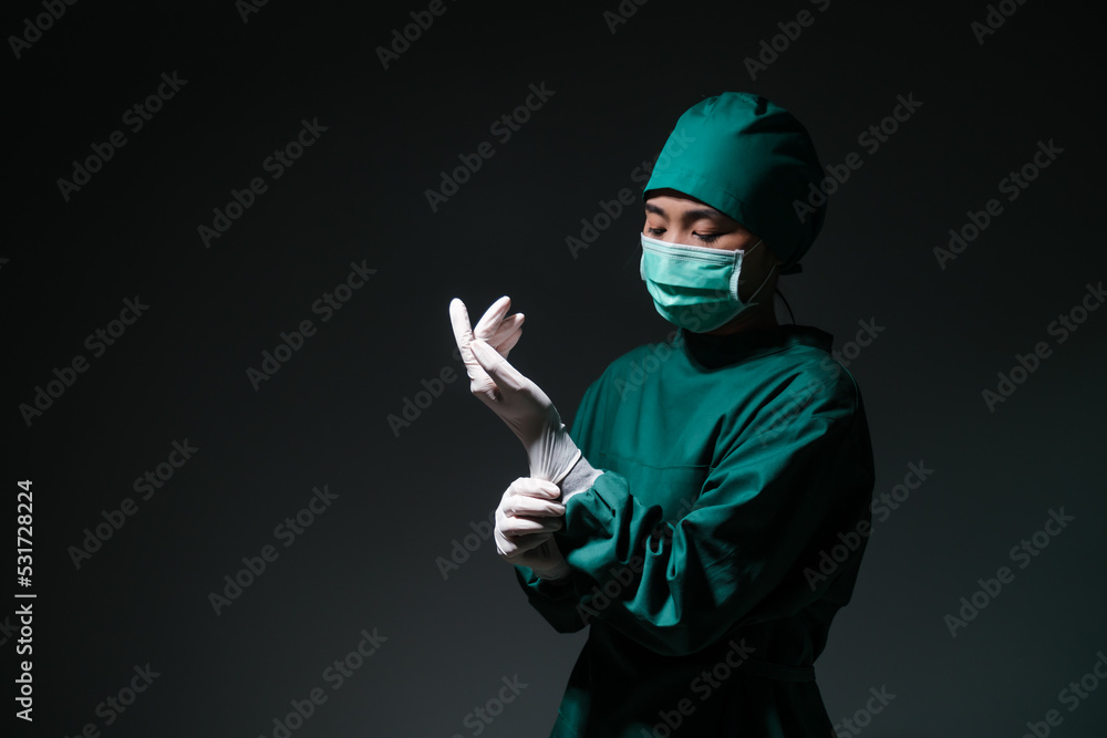 Female doctor surgeon wearing scrub overall suit for medical surgery