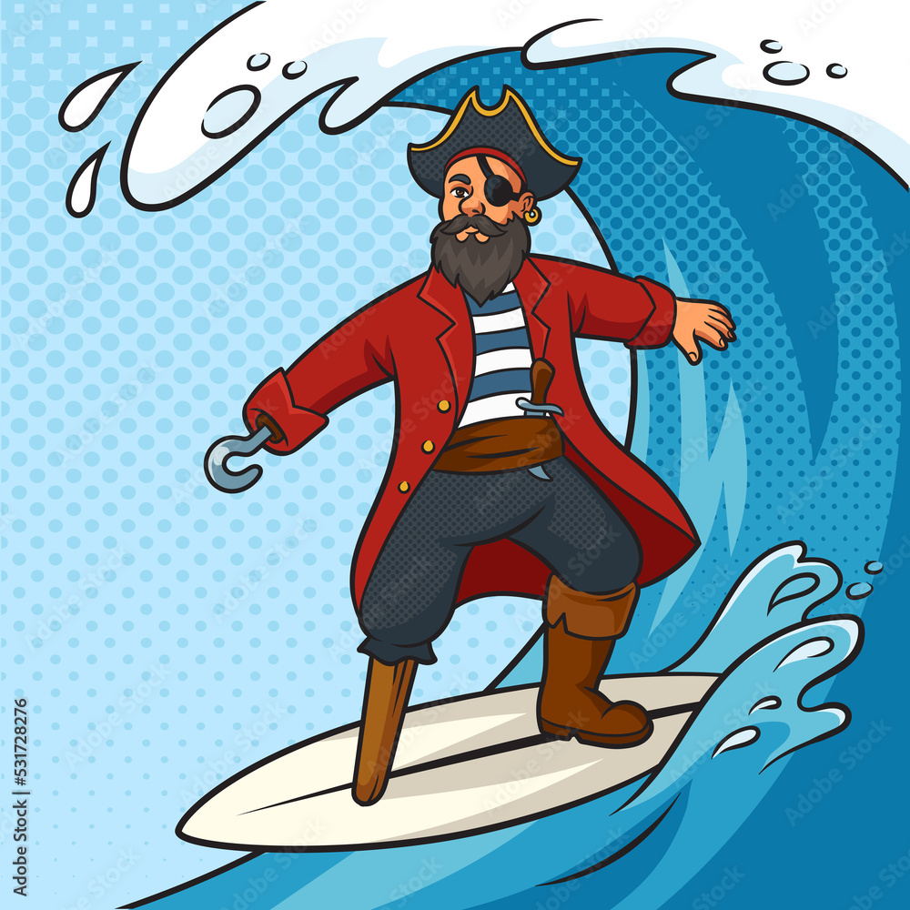 Naklejka premium Pirate rides surfboard on ocean wave pinup pop art retro raster illustration. Comic book style imitation.