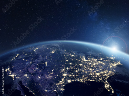 Fototapeta Naklejka Na Ścianę i Meble -  America at night viewed from space with city lights showing activity in United States. 3d render of planet Earth. Elements from NASA. Technology, global communication, world. USA.