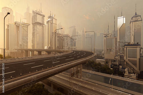 Photography Modern city skyline at sunrise mist, 3D scenery