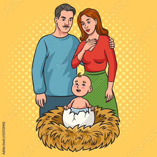 Baby born from egg and mother and father parents in nest pinup pop art retro vector illustration. Comic book style imitation.