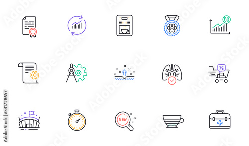 Cogwheel dividers, First aid and Discounts cart line icons for website, printing. Collection of Coffee maker, Lungs, 5g statistics icons. Clean skin, Certificate diploma. Vector