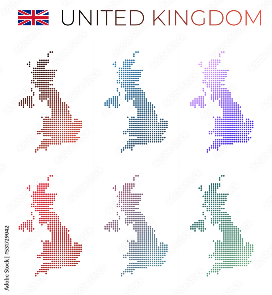 Obraz premium United Kingdom dotted map set. Map of the United Kingdom in a dotted style. Borders of the country filled with beautiful smooth gradient circles. Artistic vector illustration.