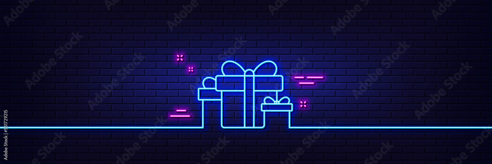 Neon light glow effect. Gift boxes line icon. Present or Sale sign. Birthday Shopping symbol. Package in Gift Wrap. 3d line neon glow icon. Brick wall banner. Holiday presents outline. Vector Neon light glow effect. Gift boxes line icon. Present or Sale sign. Birthday Shopping symbol. Package in Gift Wrap. 3d line neon glow icon. Brick wall banner. Holiday presents outline. Vector