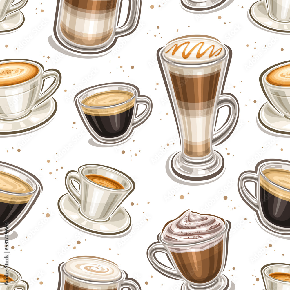Vector Coffee seamless pattern, square repeating background with set of cut out illustrations of different coffee drink in clear and porcelain cups on white background, wrapping paper for coffee shop