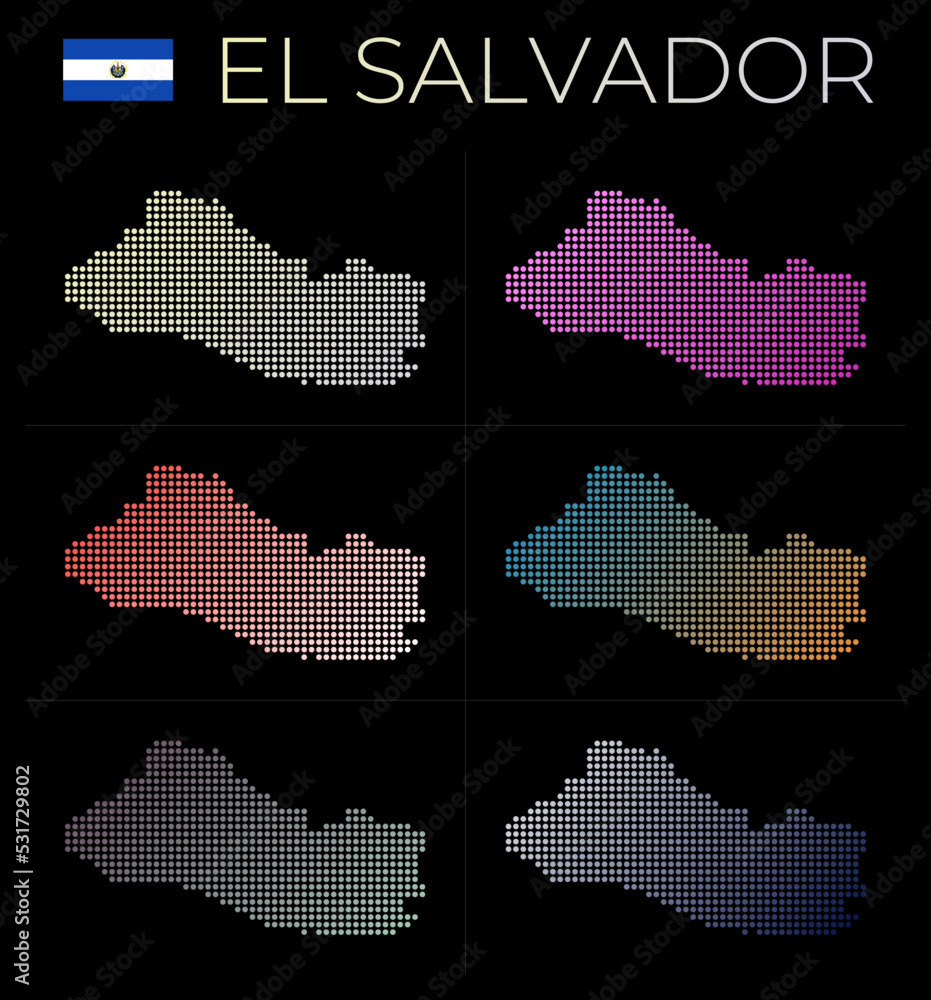 Republic of El Salvador dotted map set. Map of Republic of El Salvador in dotted style. Borders of the country filled with beautiful smooth gradient circles. Neat vector illustration.