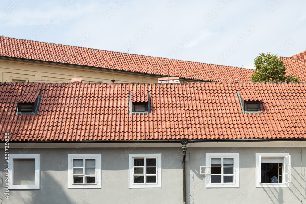 Tiled, red roof on old houses, close-up